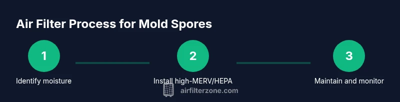 Infographic showing steps: identify moisture, install high-MERV/HEPA filter, maintain and monitor