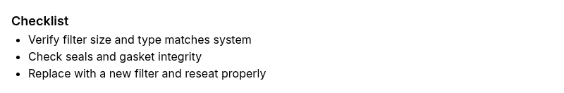 Checklist infographic for air filter maintenance and failure prevention