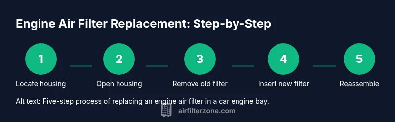 Five-step process of replacing an engine air filter in a car engine bay.