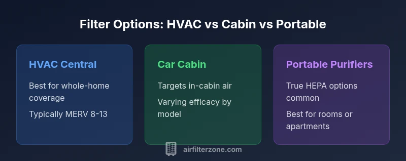 Infographic comparing HVAC central filters, car cabin filters, and portable purifiers