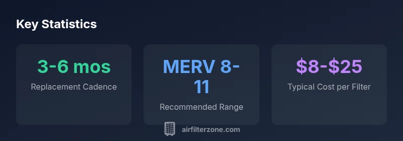Infographic showing 3-6 month replacement cadence, MERV 8-11 range, and price range for 20x25x4 furnace filters