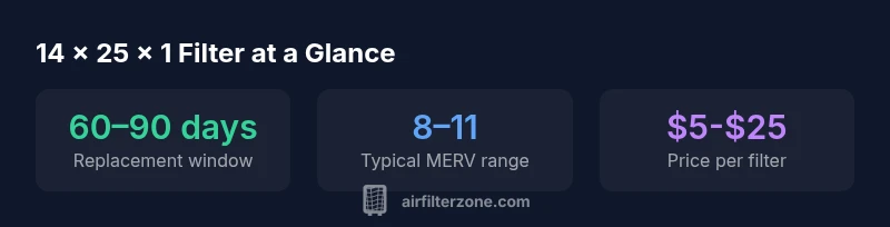 infographic showing replacement window, MERV range, and price for 14 x 25 x 1 air filters