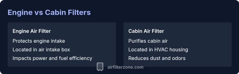 Infographic comparing engine and cabin air filters in a car