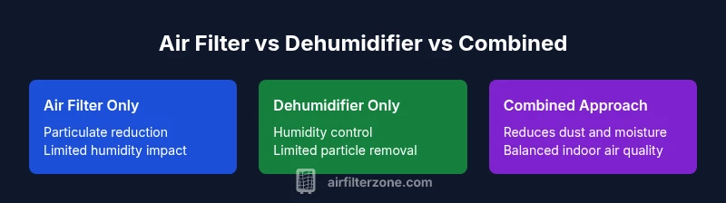 Comparison infographic showing air filter only, dehumidifier only, and combined approach